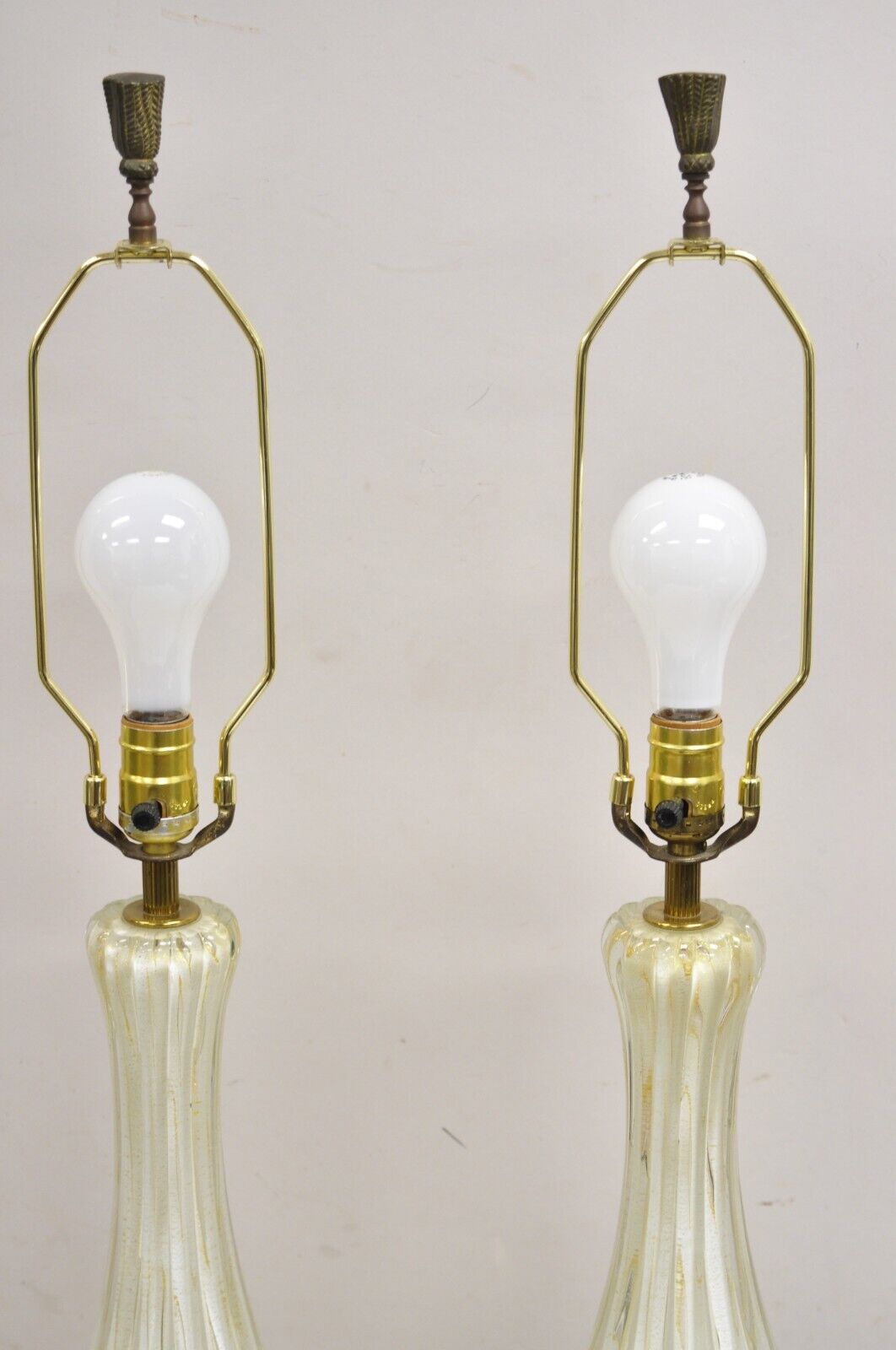 Vintage Murano Italy Camer Glass Gold Flecks White Sinuous Table Lamps - a Pair