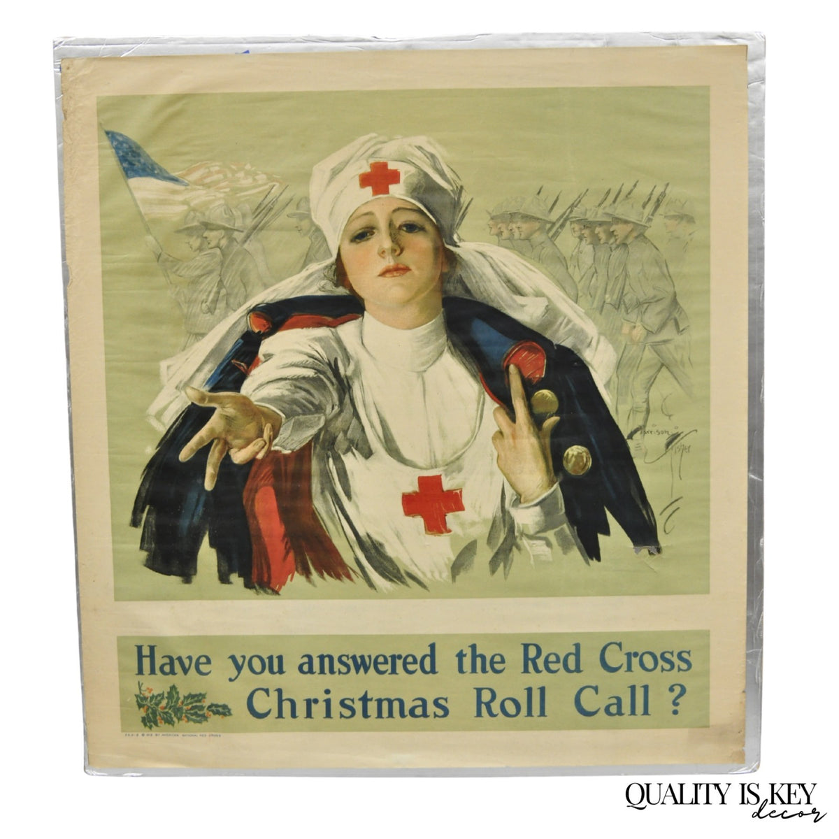 Original Vintage 1918 WWI Harrison Fisher Poster Red Cross Christmas Roll Call