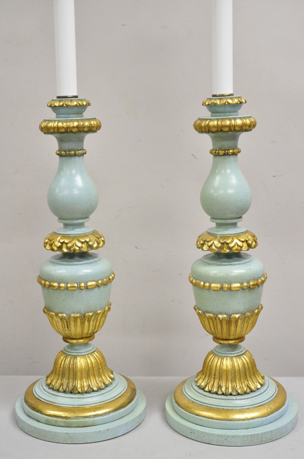 Italian Hollywood Regency Blue & Gold Carved Wood Candlestick Table Lamp - Pair