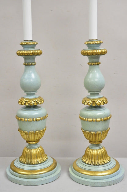 Italian Hollywood Regency Blue & Gold Carved Wood Candlestick Table Lamp - Pair