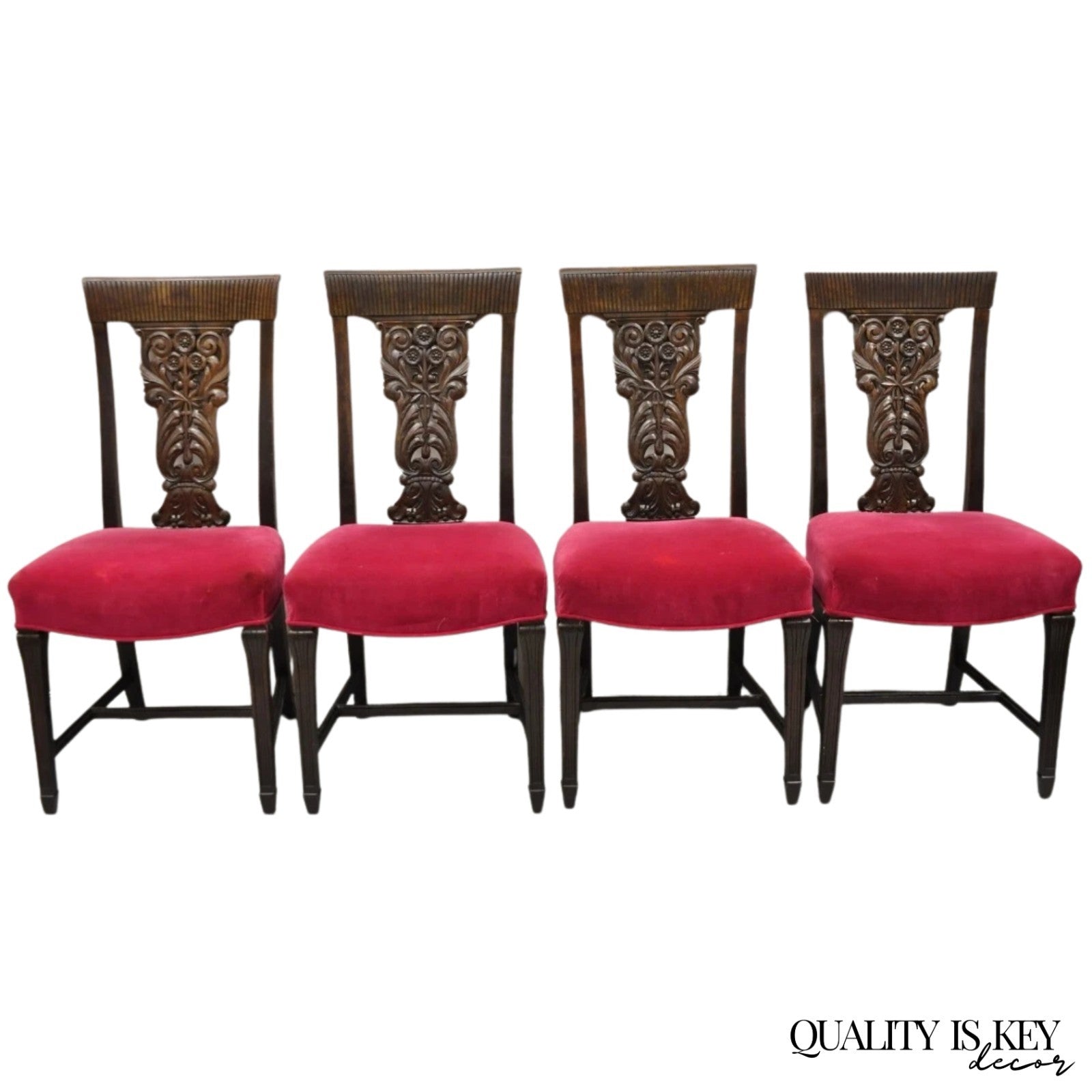 Antique Edwardian Floral Carved Mahogany Red Mohair Dining Chairs - Set of 4