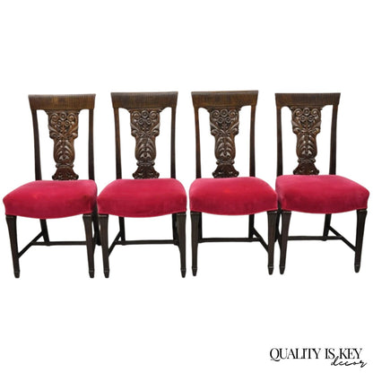 Antique Edwardian Floral Carved Mahogany Red Mohair Dining Chairs - Set of 4