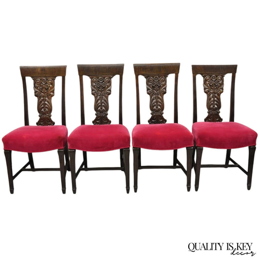 Antique Edwardian Floral Carved Mahogany Red Mohair Dining Chairs - Set of 4