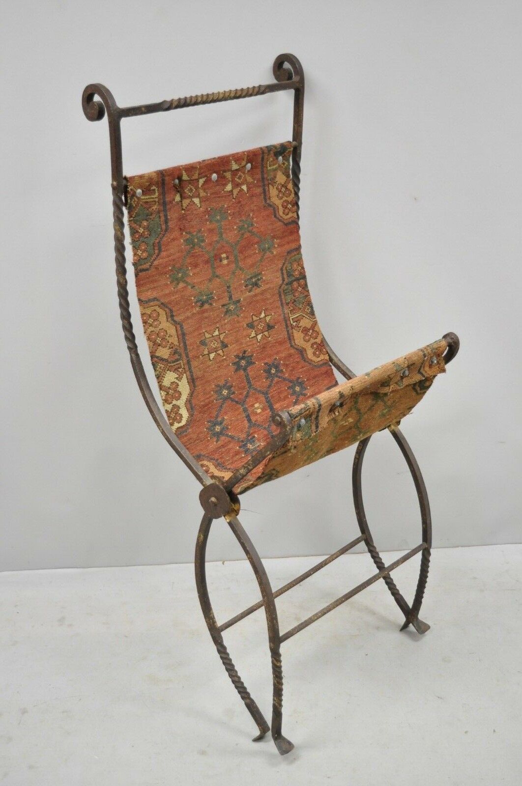 19th C. Renaissance Wrought Iron Curule Savonarola Carpet Sling Side Chair