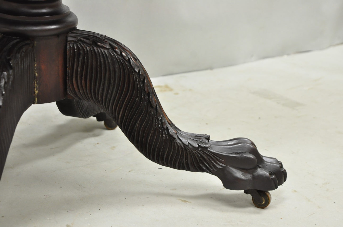 Antique American Empire Carved Paw Foot Pedestal Base Work Stand Side Table