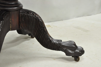 Antique American Empire Carved Paw Foot Pedestal Base Work Stand Side Table