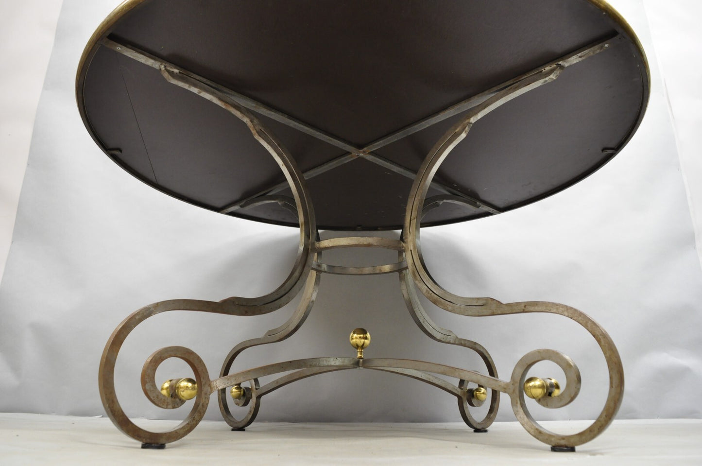 Vintage French Pastry Scrolling Steel and Bronze Neoclassical Round Dining Table