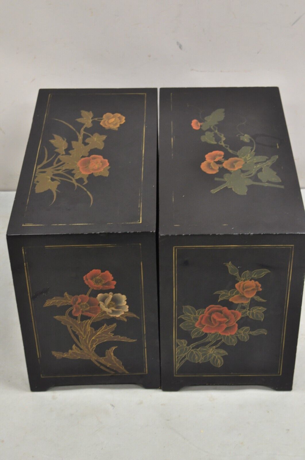 Vintage Chinese Oriental Small Asian Black Lacquer Painted Cabinets -  a Pair