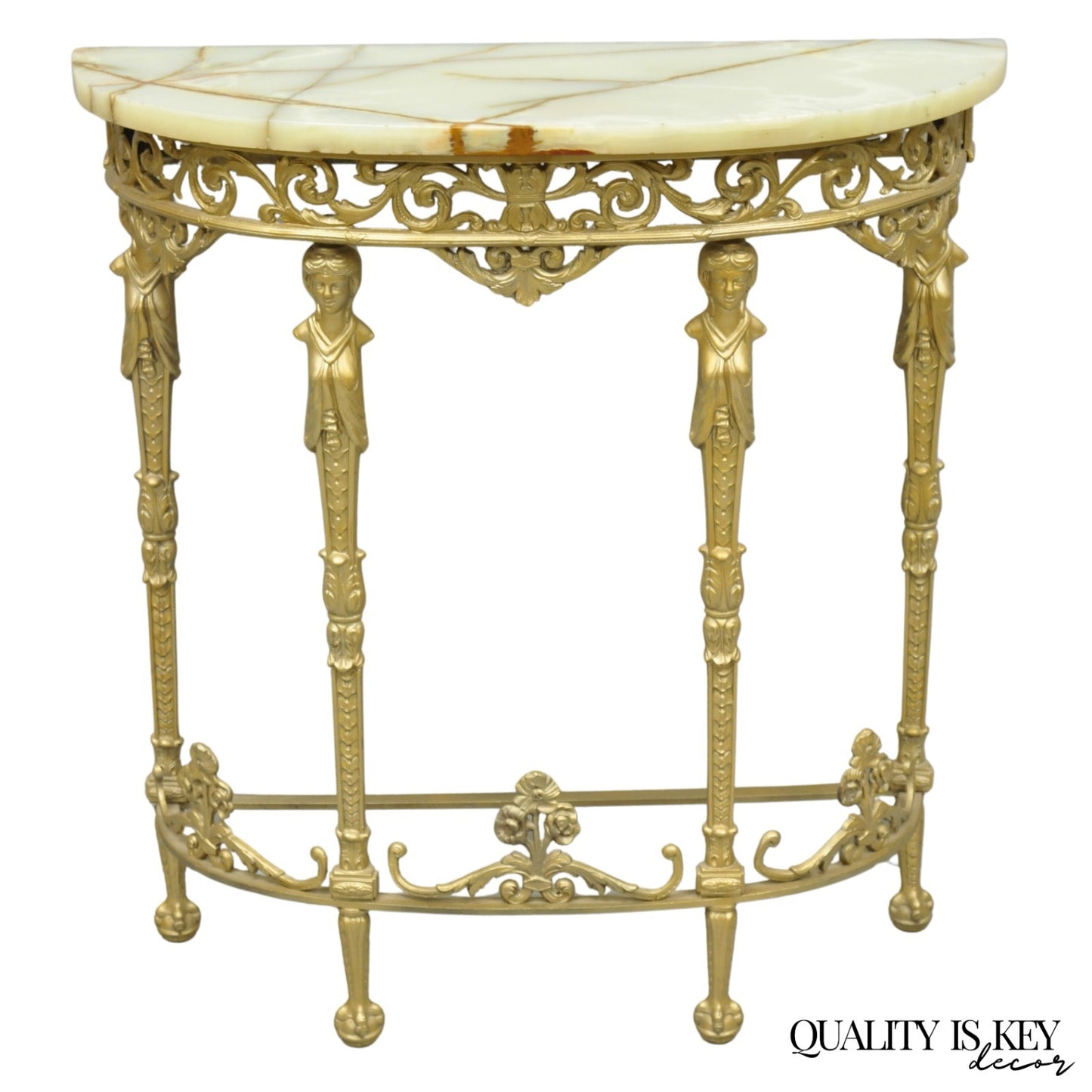 Antique Gothic Revival Oscar Bach Style Figural Bronze & Onyx Gold Console Table