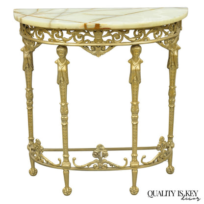 Antique Gothic Revival Oscar Bach Style Figural Bronze & Onyx Gold Console Table