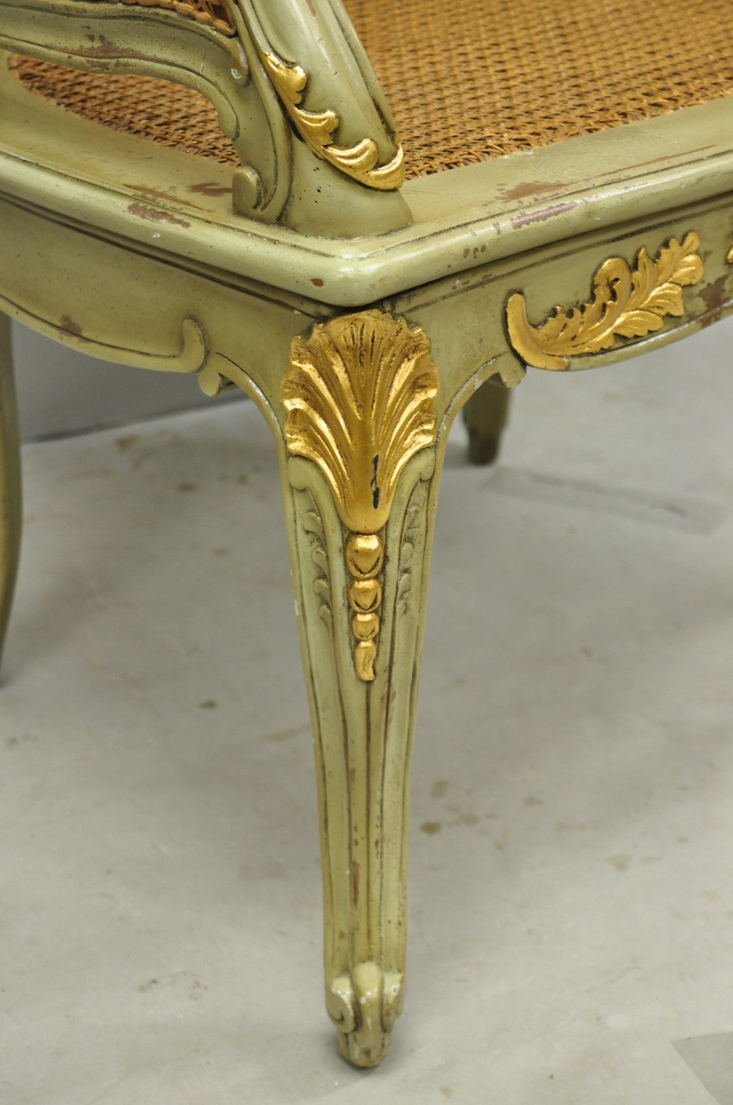Vintage French Louis XV Style Green Painted Gold Gilt Cane Bergere Arm Chair