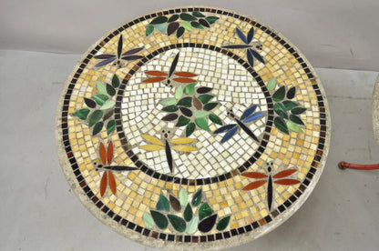 Italian Dragonfly Mosaic Tile Round Stone Top Iron Patio Side Tables - Pair