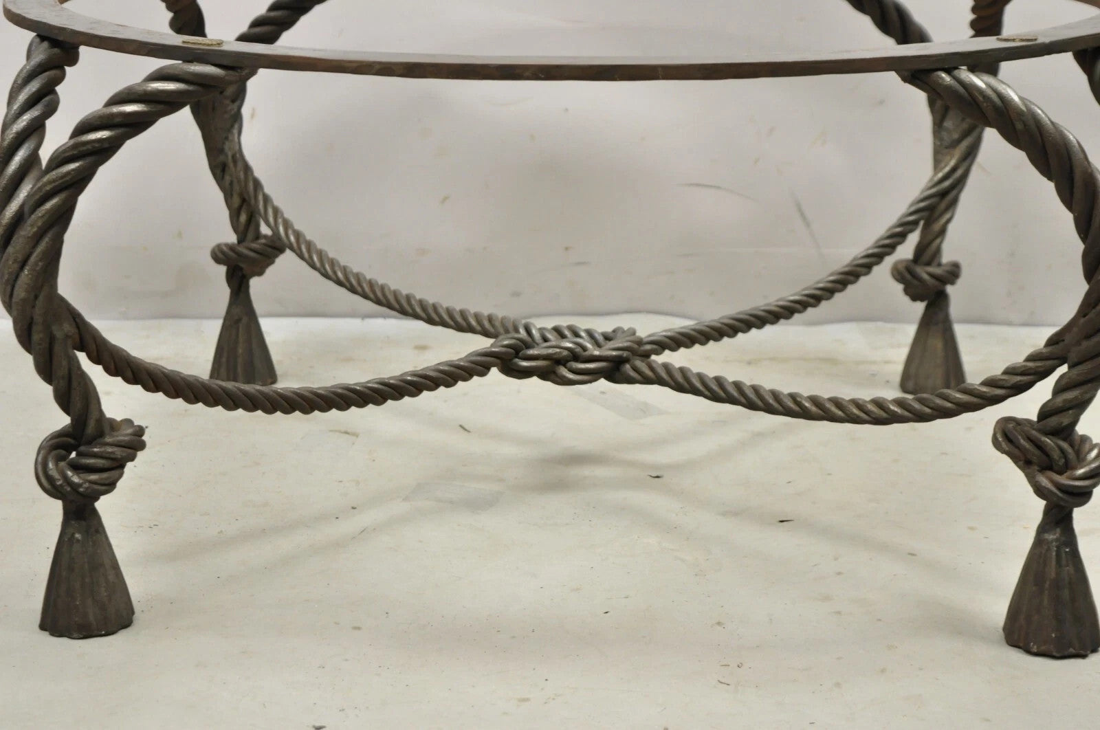 Italian Hollywood Regency Steel Knotted Rope and Tassel Round Glass Coffee Table