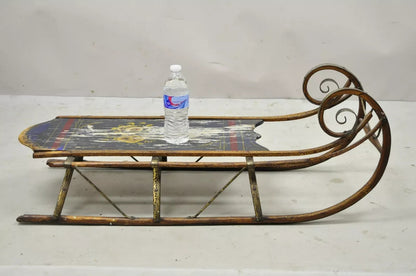 Antique Bentwood Blue Painted Small Child Snow Sled Wall Display Art