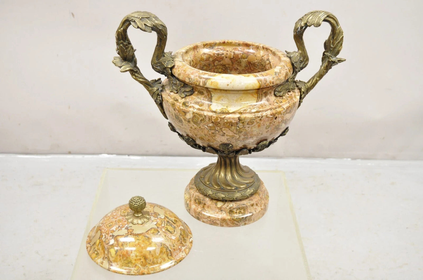 Vintage Bronze and Marble French Baroque Style Lidded Urn Centerpiece Cassolette