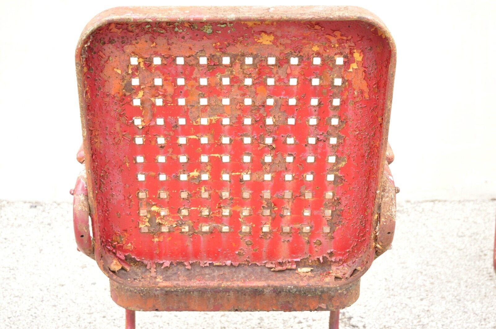 Antique Art Deco Basketweave Red Distress Paint Bouncer Garden Chairs - a Pair