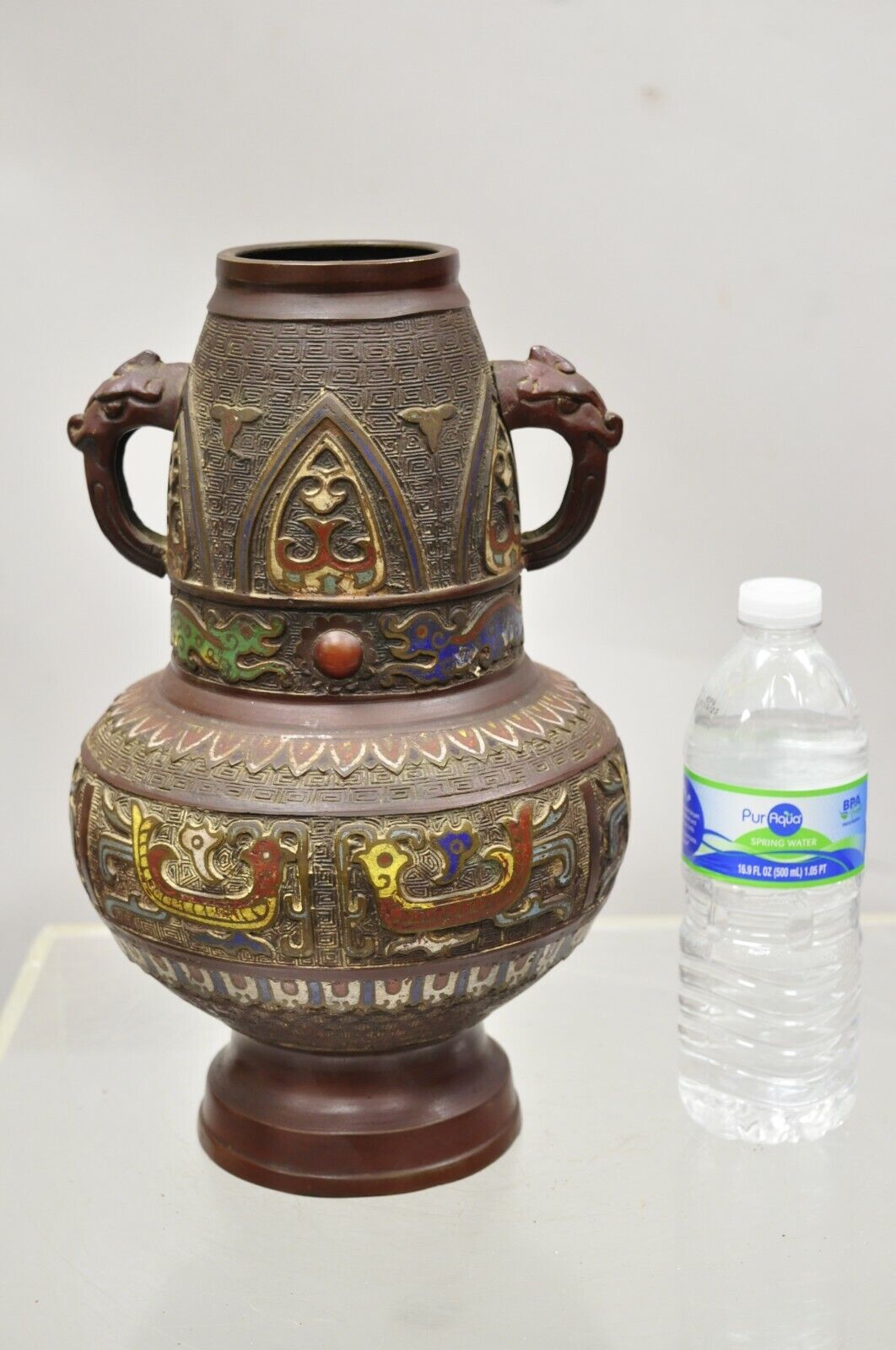 Antique Japanese Champleve Cloisonne Bronze Twin Handle 12" Vase