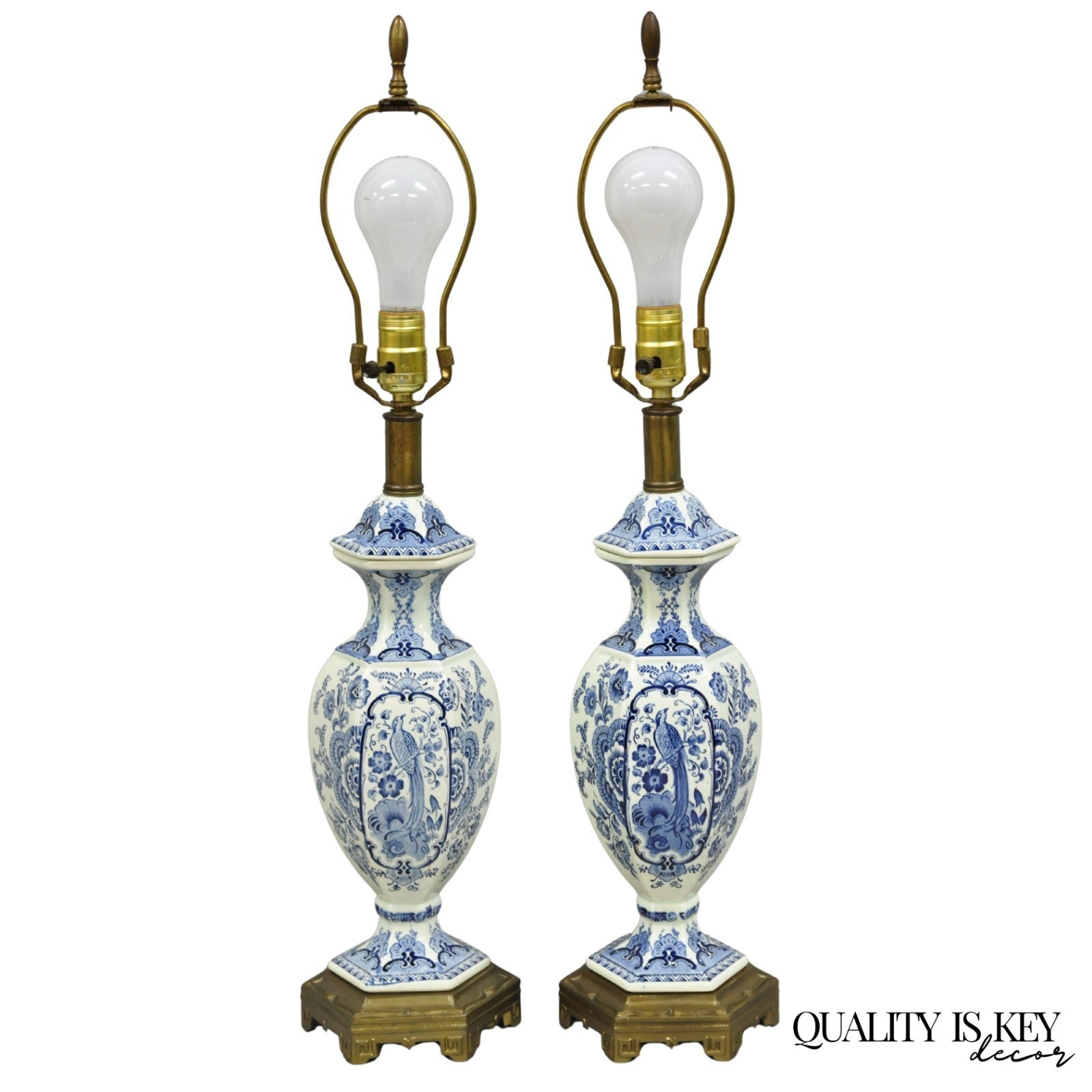 Vintage Chinoiserie Blue & White Porcelain Urn Bird Painted Table Lamps - a Pair