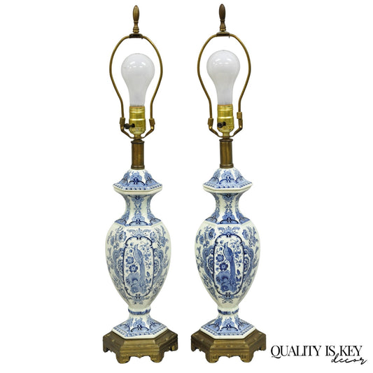 Vintage Chinoiserie Blue & White Porcelain Urn Bird Painted Table Lamps - a Pair