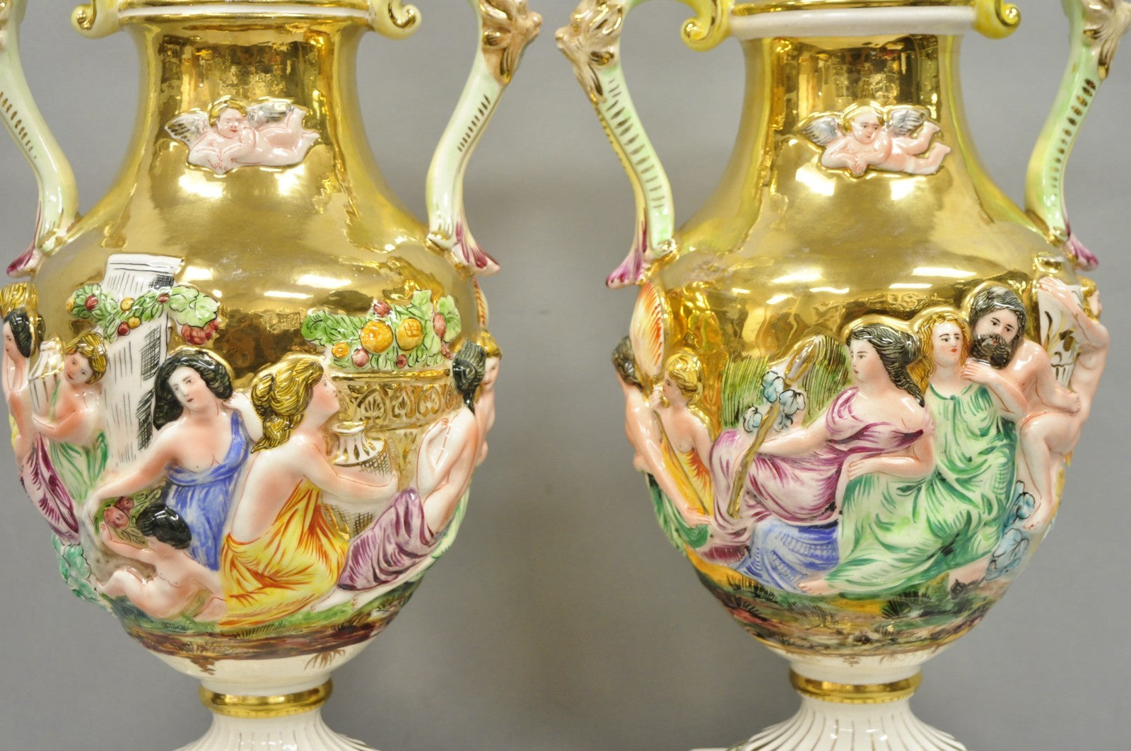 Antique Capodimonte Figural Porcelain Twin Handle Urn Gold Vase Table Lamps Pair