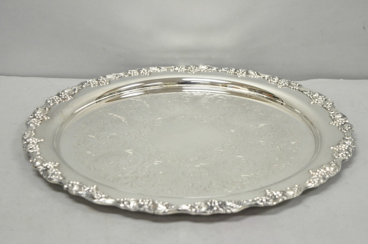 Vintage Victorian Silver Plated Grapevine Repousse 20" Round Serving Platter