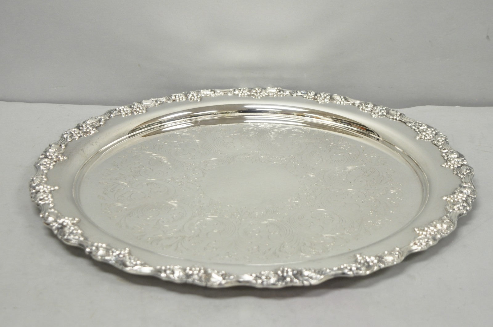 Vintage Victorian Silver Plated Grapevine Repousse 20" Round Serving Platter