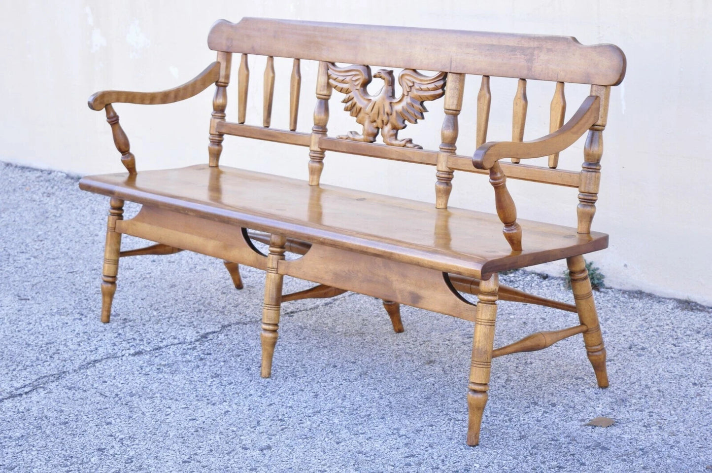Vintage Cushman Federal Style Maple Wood Carved Eagle Back Settee Deacons Bench