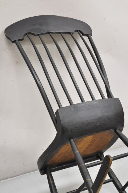 Antique Colonial Stencil Back Black Painted Plank Bottom Rocker Rocking Chair