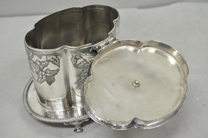 Antique Victorian Silver Plated Etched Footed Hinged Biscuit Barrel Jar on Stand
