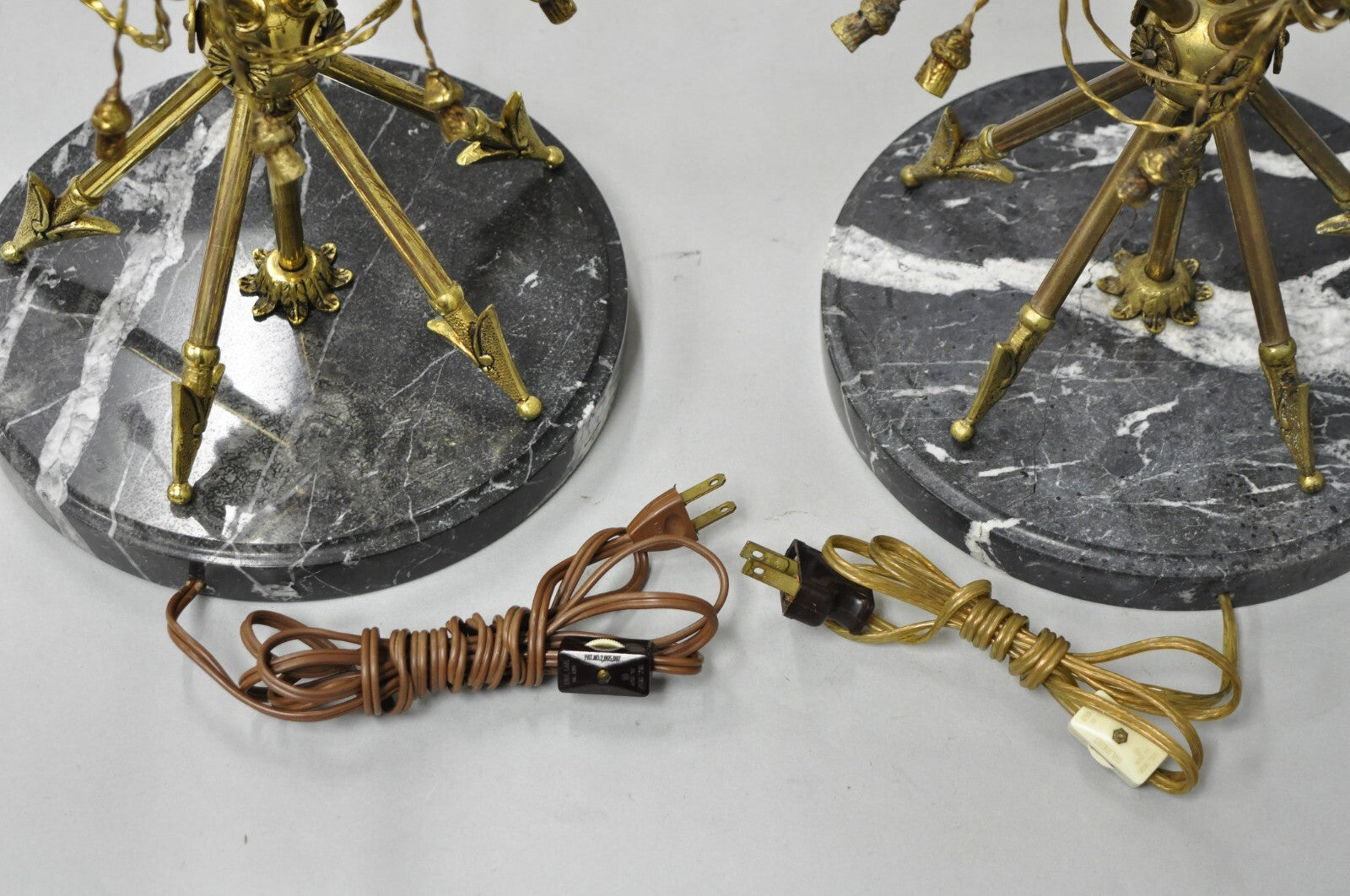 Vintage French Neoclassical Brass "Arrow" Marble Candelabra Table Lamps - a Pair