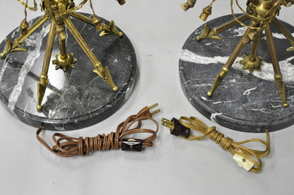 Vintage French Neoclassical Brass "Arrow" Marble Candelabra Table Lamps - a Pair