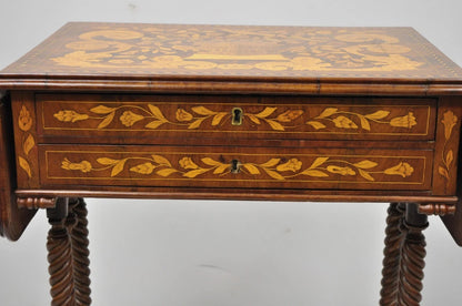 19th C Dutch Marquetry Inlay Regency Style Drop Leaf Sewing Stand Side End Table