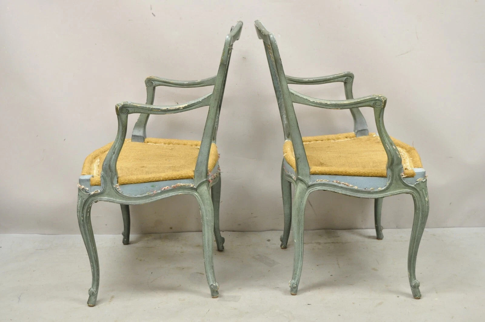 Antique French Louis XV Style Blue Painted Cane Back Fauteuil Arm Chairs - Pair