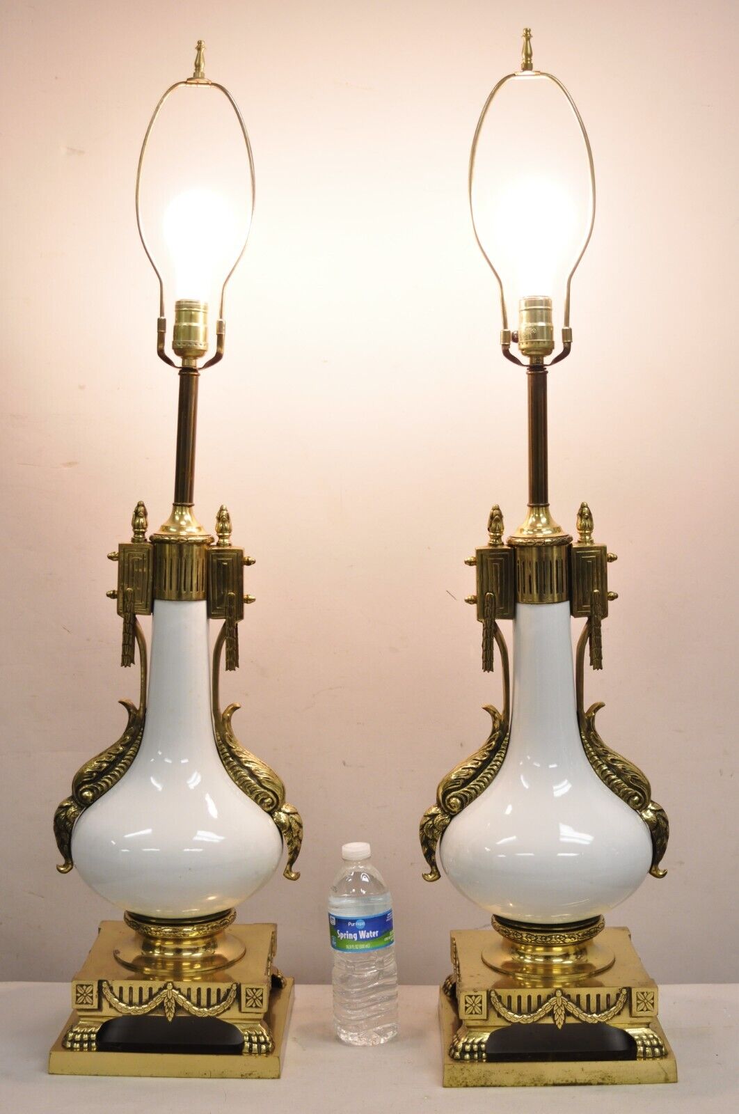 Vintage French Empire Neoclassical White Porcelain Brass Ormolu Table Lamp Pair