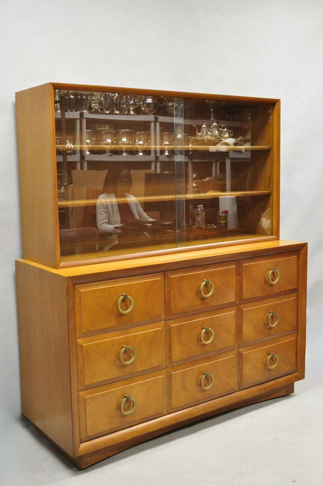 Vintage T.H. Robsjohn Gibbings for Widdicomb Mahogany Brass Ring China Cabinet