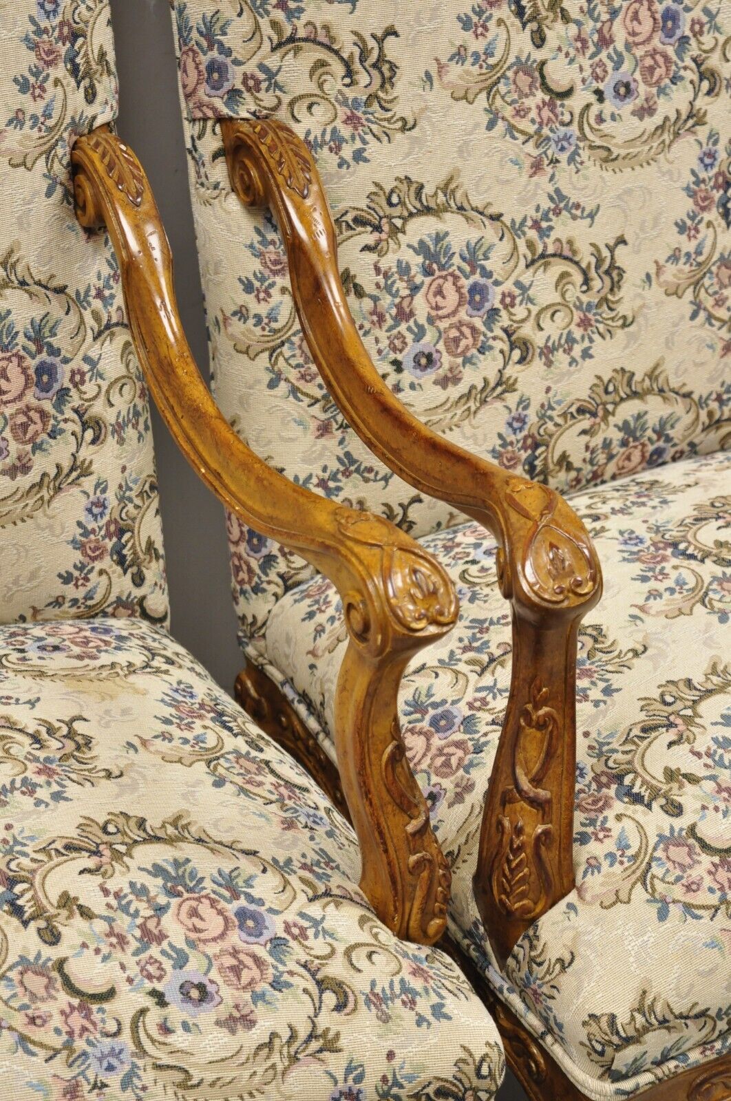 Pair French Country Style Carved Walnut Floral Upholstered High Back Arm Chairs