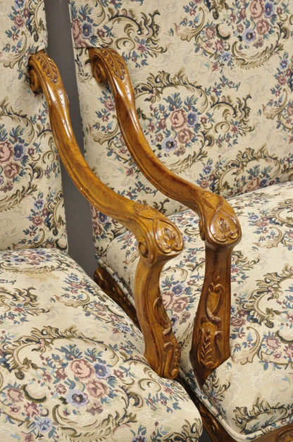 Pair French Country Style Carved Walnut Floral Upholstered High Back Arm Chairs