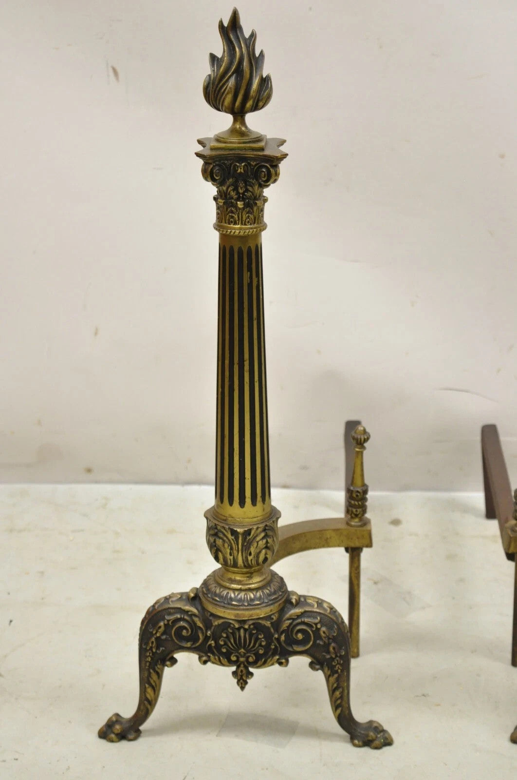 Antique French Empire Style Bronze Column Flame Finial Fireplace Andirons - Pair