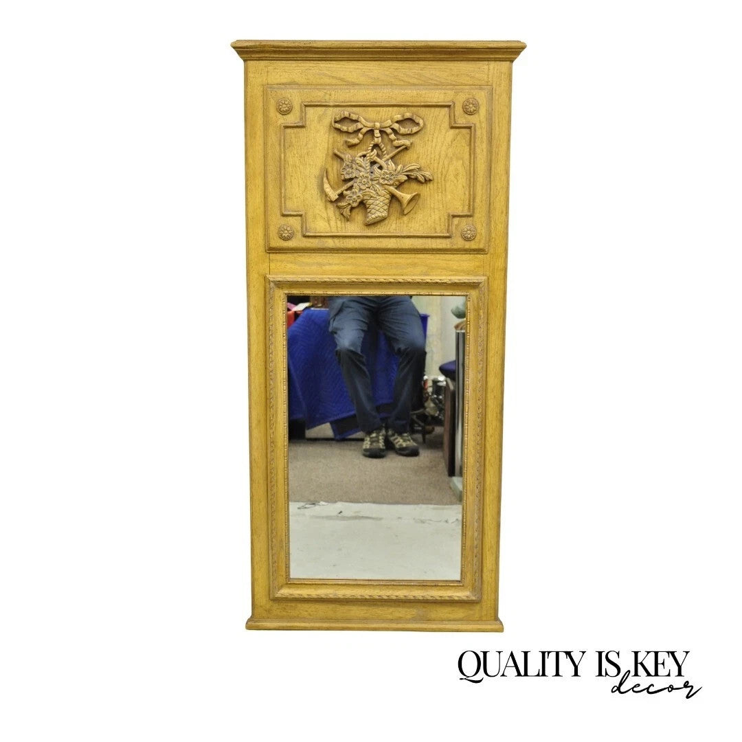 Vintage French Country Provincial Style Oak Wood Trumeau Wall Mirror by Baker