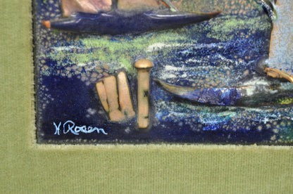 Vintage Mid Centuy Modern Enameled Copper Clipper Ship Art Painting by M. Rosen