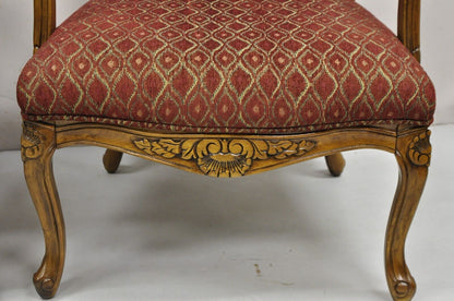 French Country Style Shell Carved Wood Burgundy Upholstered Lounge Chairs - Pair