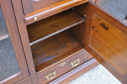 Antique Eastlake Victorian Walnut Wavy Glass Triple Bookcase Display Cabinet
