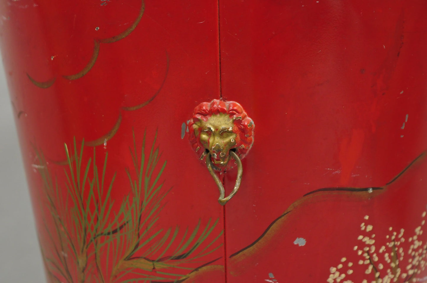 Italian Chinoiserie Hand Painted Oriental Red Tole Metal Wastebasket Trashcan