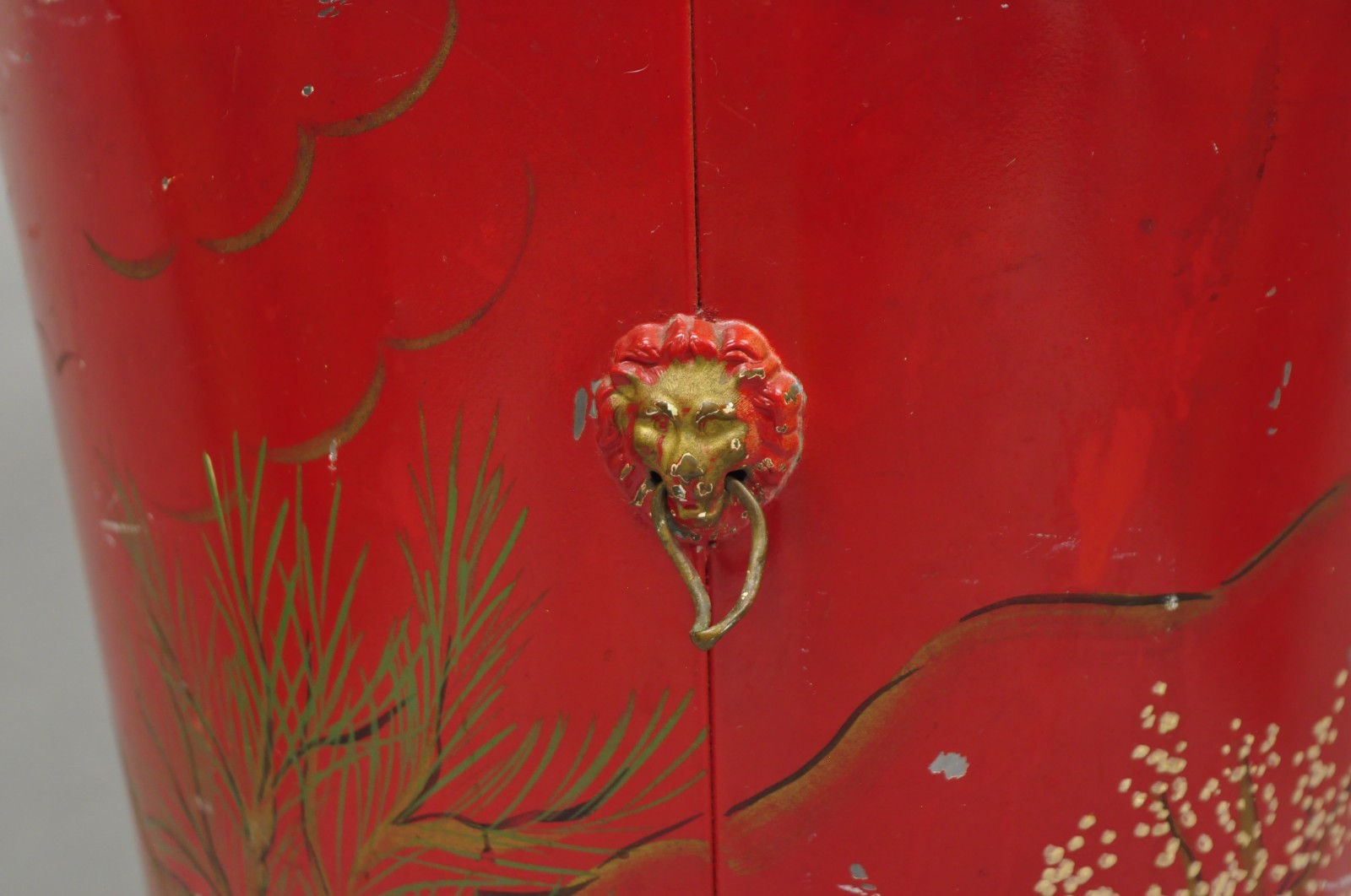 Italian Chinoiserie Hand Painted Oriental Red Tole Metal Wastebasket Trashcan