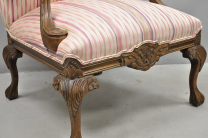 Vintage Georgian Style Carved Walnut Paw Foot Pink Upholstered Club Lounge Chair