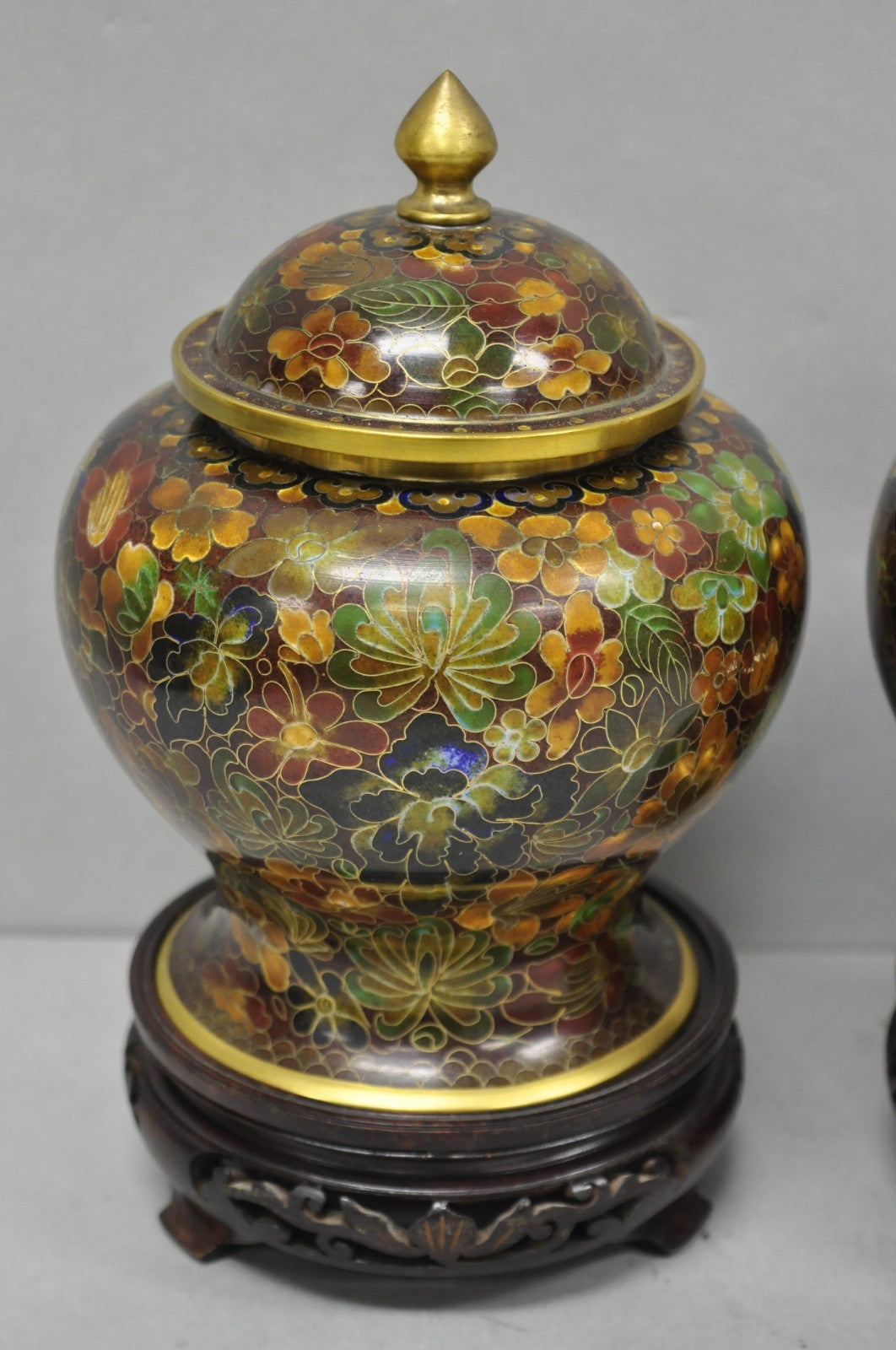 Vintage Cloisonné Chinese Small Enameled Brown Covered Ginger Jar on Stand, Pair