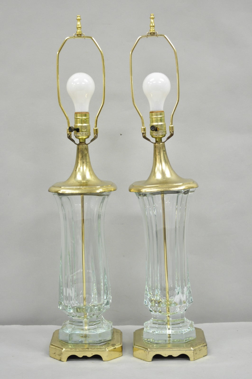 Vintage Cofrac Art Verrier French Leaded Crystal Glass & Brass Table Lamps, Pair