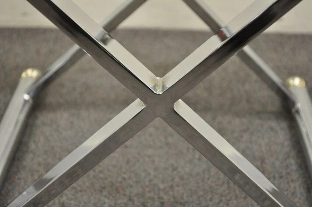 Mid Century Modern Hollywood Regency Chrome Brass Glass X Form Side Table - Pair