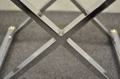 Mid Century Modern Hollywood Regency Chrome Brass Glass X Form Side Table - Pair