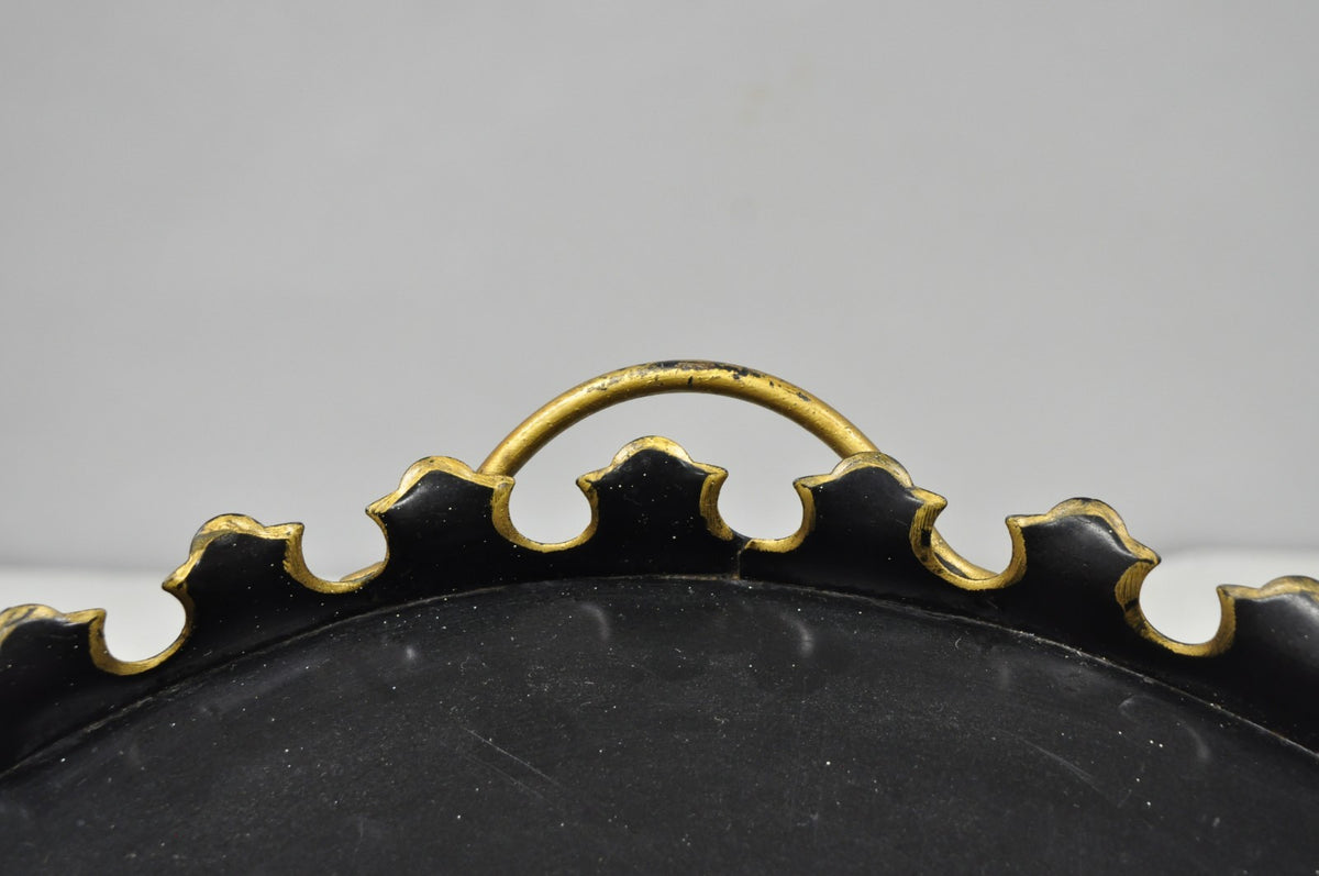 Vintage French Country Black and Gold Hand Painted Oval Toleware Serving Tray